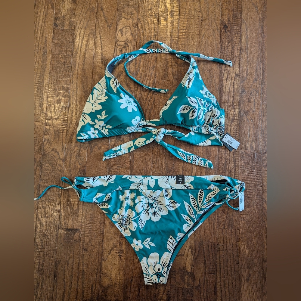 Torrid String Bikini Tie Side Cheeky Bottom 4x & Wire Free Halter 3x Floral Teal - Picture 3 of 15